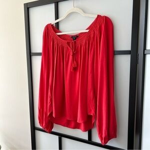 [M] NWT RW&CO Softest Red 100% Viscose Long Sleeve Puff Cuff Blouse With Tassles
